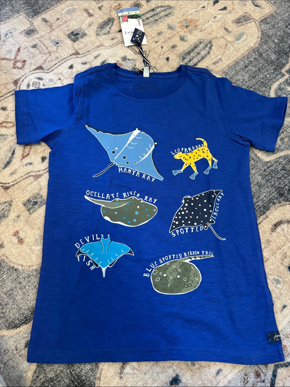 NWT Joules Blue Short Sleeve Tee with Marine, size 9 runs small!